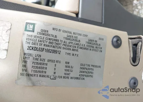 2006 Pontiac Torrent из США, поврежденный, VIN 2CKDL63F166208912